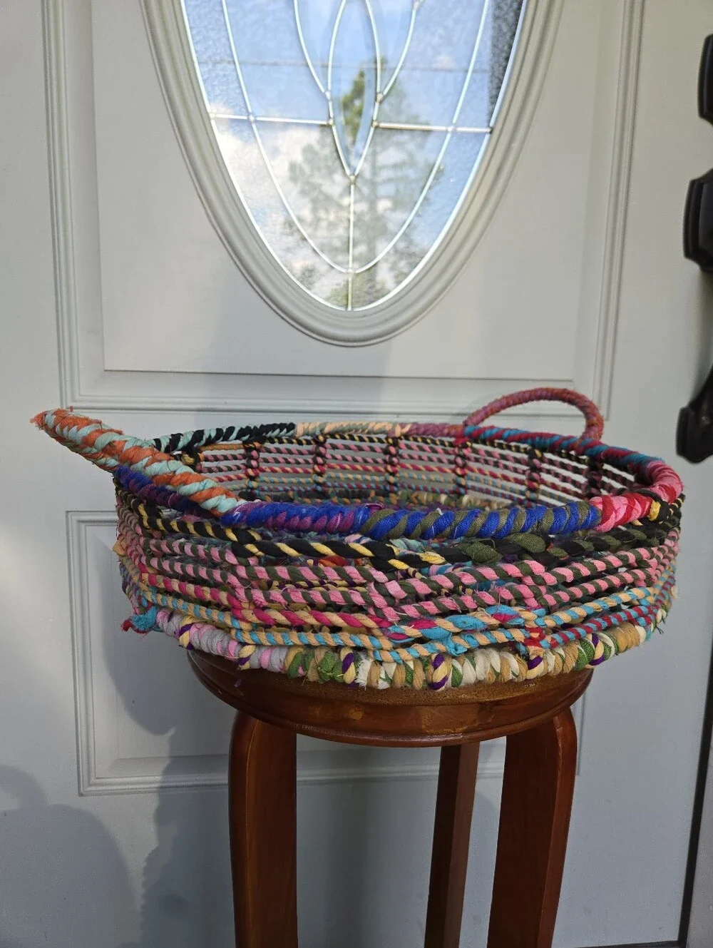 Jute Wrapped Tray Basket Recycled Fabric Multicolor